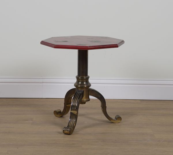 A RED LACQUER CHINOISERIE DECORATED OCTAGONAL OCCASIONAL TABLE