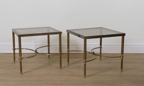 A PAIR OF MID 20TH CENTURY LACQUERED BRASS AND SMOKED GLASS SQUARE OCCASIONAL TABLES (2)