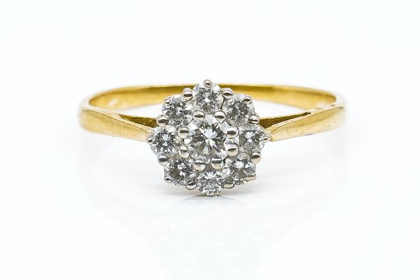 A GOLD AND DIAMOND NINE STONE CLUSTER RING