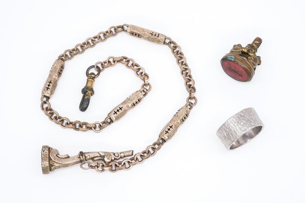 A WHITE GOLD WEDDING RING, A FOB SEAL, A WATCH CHAIN AND A WATCH KEY (4)