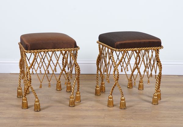 IN THE MANNER OF FOURNIER; A PAIR OF GILT METAL ROPE TWIST STOOLS (2)