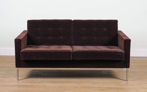 KNOLL STUDIO, FLORENCE KNOLL; A BROWN BUTTONBACK UPHOLSTERED TWO SEAT SOFA