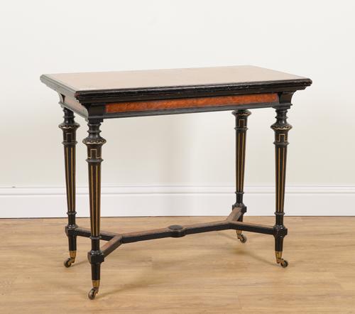 GILLOWS; A 19TH CENTURY EBONISED AND BURR WALNUT CARD TABLE
