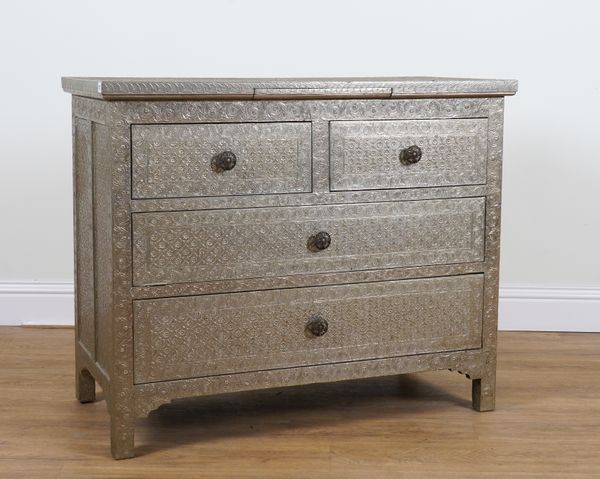 A MODERN EMBOSSED WHITE METAL VENEERED FOUR DRAWER CHEST