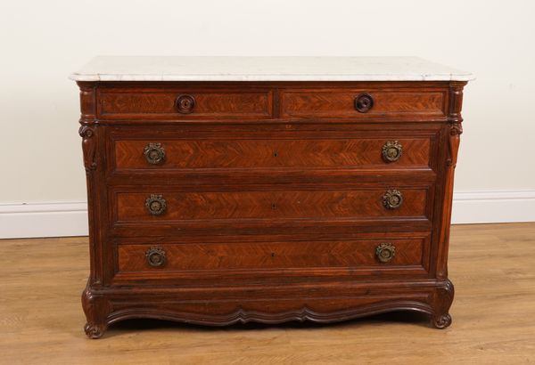 A 19TH CENTURY ITALIAN MARBLE TOPPED OAK FIVE DRAWER COMMODE