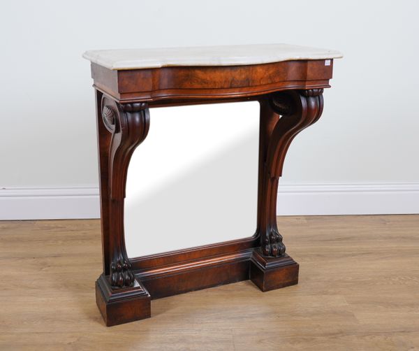 A VICTORIAN MARBLE TOPPED WALNUT MIRRORED BACK CONSOLE