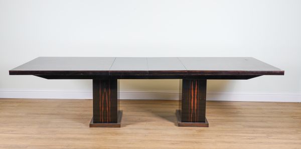 A MODERN HARDWOOD PARQUETRY DECORATED EXTENDING DINING TABLE