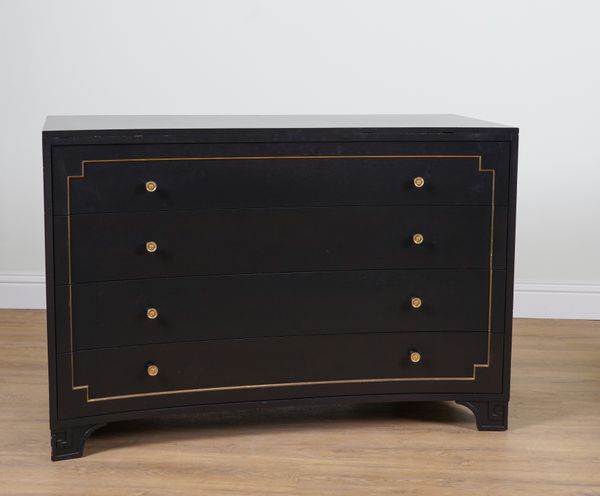 A BLACK PAINTED CONCAVE THREE DRAWER CHEST