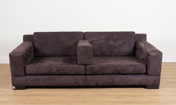 A BROWN SUEDE UPHOLSTERED TWO SEAT SOFA