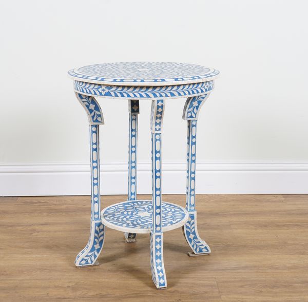 A BLUE DYED BONE INLAID CIRCULAR OCCASIONAL TABLE