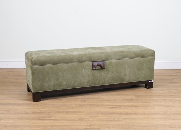 A HARDWOOD FRAMED SUEDE UPHOLSTERED RECTANGULAR OTTOMAN