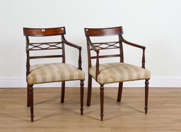 A PAIR OF LATE 19TH CENTURY MAHOGANY AND BURR WALNUT LATTICE BACK OPEN ARMCHAIRS (2)