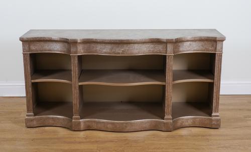 ETHAN ALLEN; A METALLIC PAINTED SERPENTINE OPEN BOOKCASE