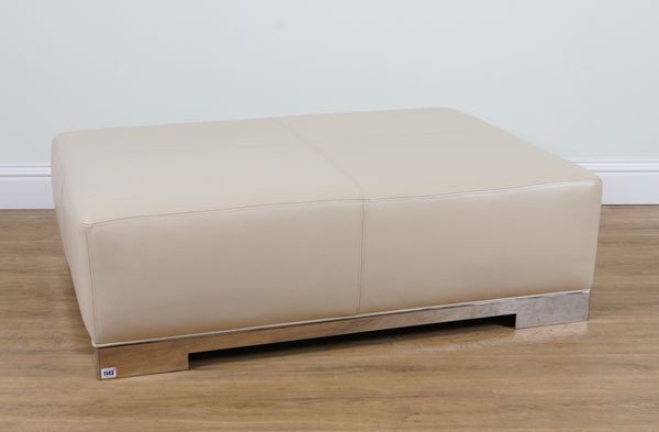 A WHITE LEATHER UPHOLSTERED SQUARE FOOTSTOOL