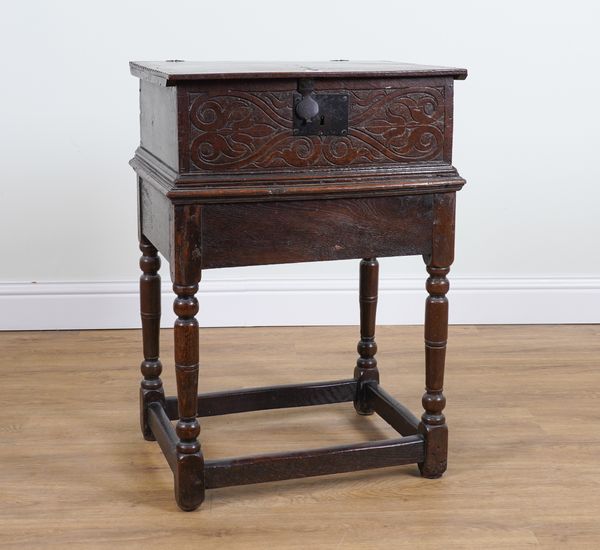 AN 18TH CENTURY AND LATER OAK BIBLE BOX ON STAND