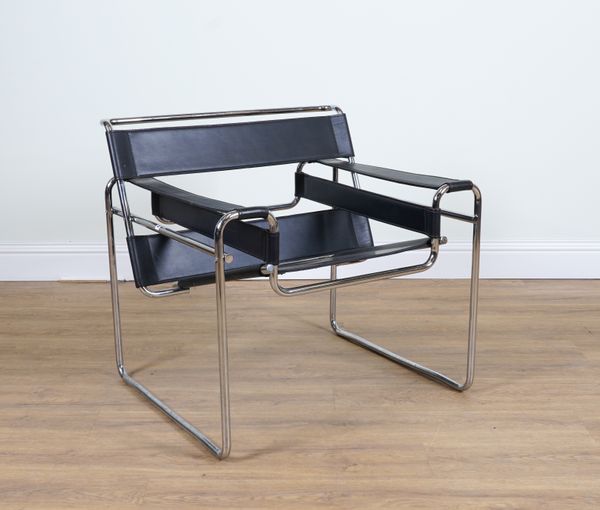 AFTER MARCEL BREUER; A CHROME AND BLACK LEATHER UPHOLSTERED WASSILY CHAIR