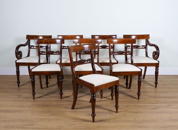 A SET OF EIGHT REGENCY STYLE MAHOGANY CARVED BAR BACK DINING CHAIRS (8)