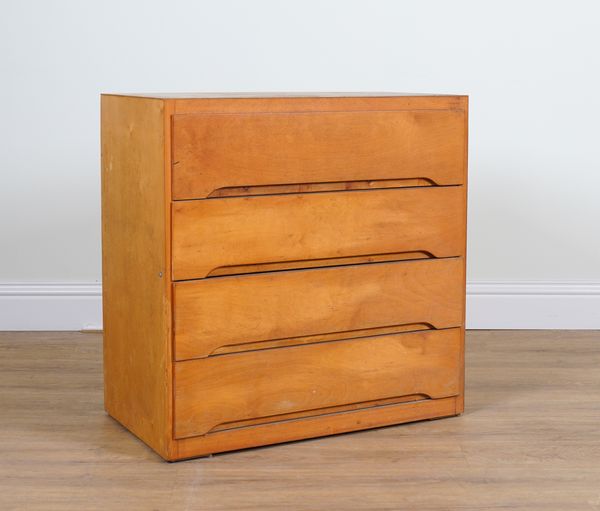 A MID 20TH CENTURY PLYWOOD CHEST OF FOUR FLUSH FIT DRAWERS