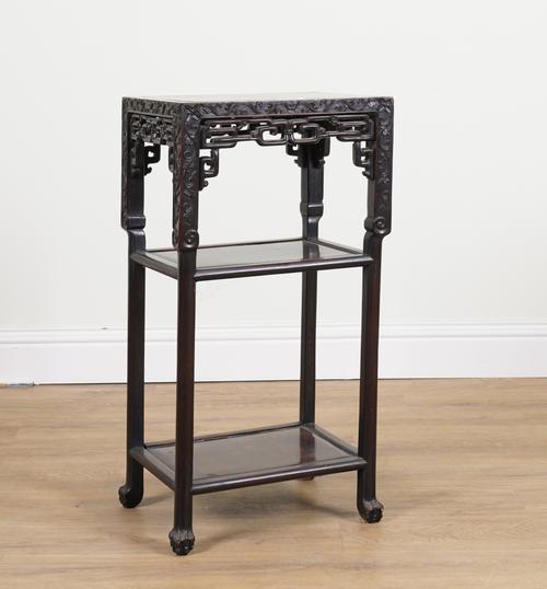 A 19TH CENTURY CHINESE EXPORT MARBLE TOPPED CARVED HARDWOOD JARDINERE STAND