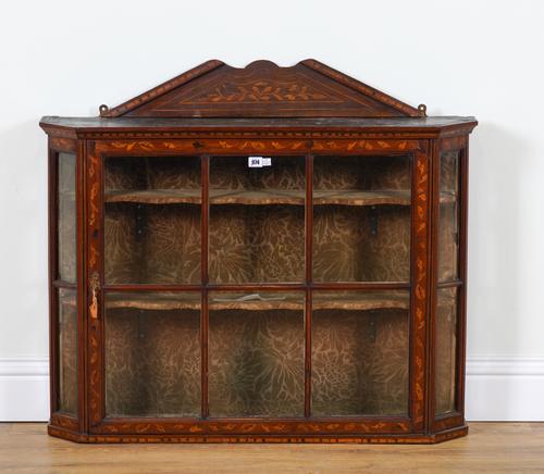 AN EARLY 19TH CENTURY DUTCH MARQUETRY INLAID WALL MOUNTED DISPLAY CASE