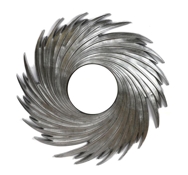 A MODERN SILVER PAINTED CIRCULAR WALL MIRROR WITH CARVED VORTEX SWIRL FRAME