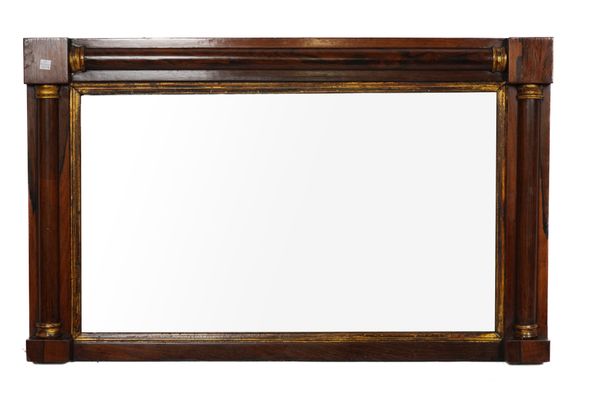 A REGENCY ROSEWOOD AND PARCEL GILT SPLIT COLUMN OVERMANTEL MIRROR