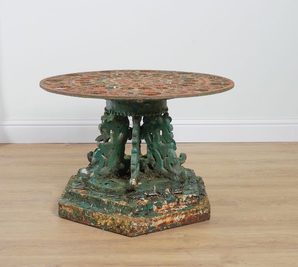 A VICTORIAN GREEN PAINTED CAST IRON TABLE BASE/ STAND