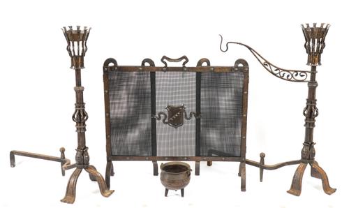 A WROUGHT-IRON SCREEN FENDER TOGETHER WITH A PAIR OF LARGE ARTS & CRAFTS STYLE WROUGHT-IRON ANDIRONS  (3)