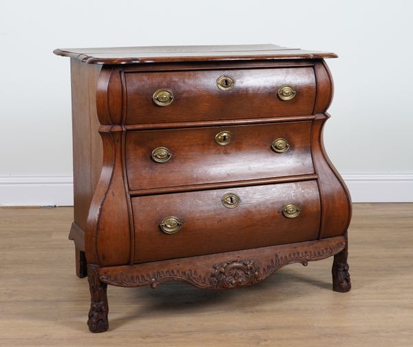 AN 18TH CENTURY DUTCH OAK BOMBE THREE DRAWER CHEST