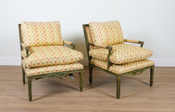 A PAIR OF LOUIS XVI STYLE GREEN PAINTED SQUARE BACK OPEN ARM CHAIRS