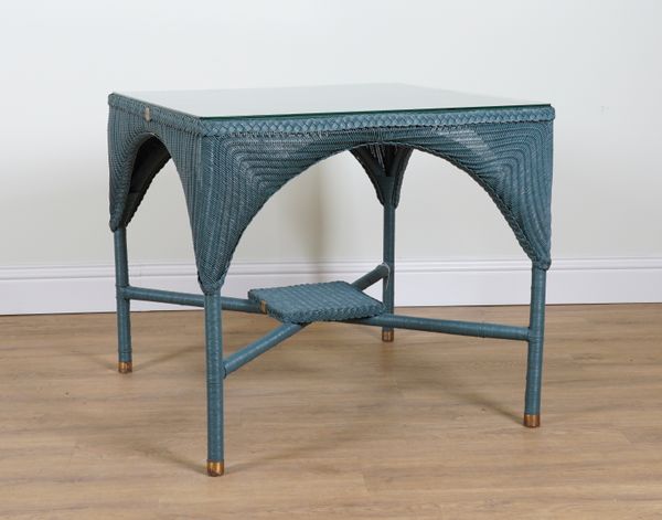 A MID 20TH CENTURY BLUE PAINTED WOVEN WICKER SQUARE TABLE