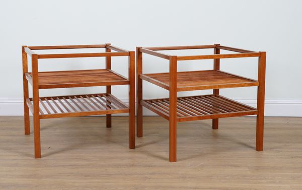 A PAIR OF MID 20TH CENTURY CHERRYWOOD THREE TIER SLATTED SIDE TABLES (2)