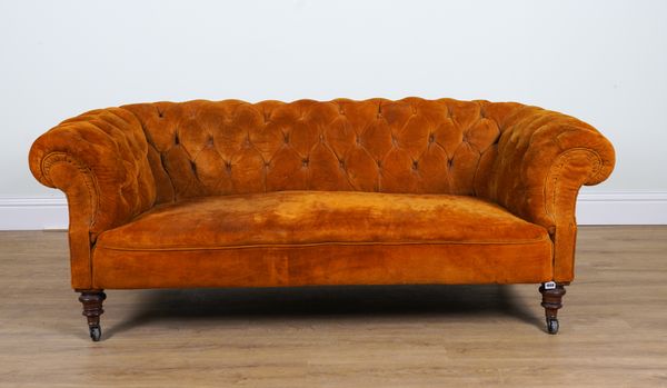 A 19TH CENTURY AND LATER TAN SUEDE UPHOLSTERED TWO SEAT CHESTERFIELD SOFA