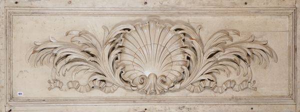 A LARGE WHITE PAINTED RELIEF FRIEZE MOULDED AS A SHELL AND ACANTHUS SCROLL