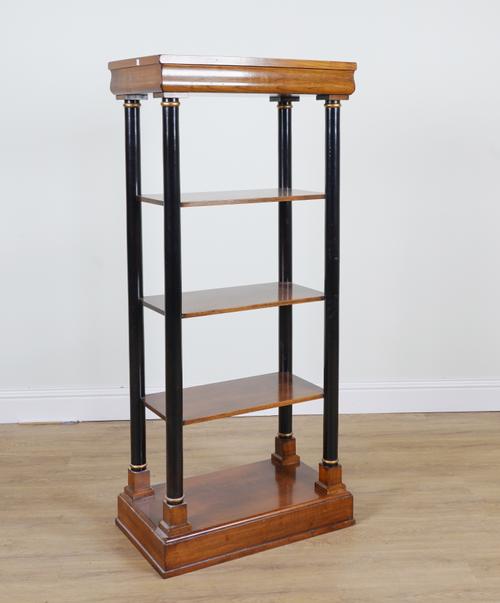 A BIEDERMEIER STYLE FRUITWOOD AND EBONISED FIVE TIER WHAT NOT