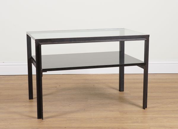 A MODERN IRON, GLASS AND MARBLE RECTANGULAR TWO TEAR OCCASIONAL TABLE