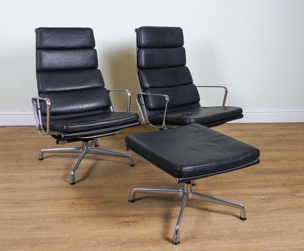 CHARLES EAMES BY VITRA; A PAIR OF EA 222 SOFT PAD BLACK LEATHER ARMCHAIRS (3)