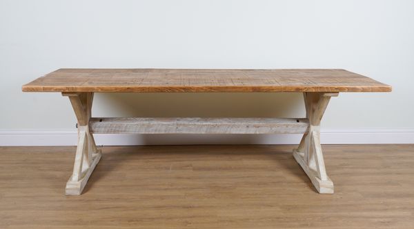 A 17TH CENTURY STYLE STRIPPED OAK PLANK TOP KITCHEN TABLE