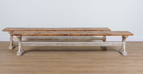 A PAIR OF 17TH CENTURY STYLE STRIPPED OAK PLANK TOP BENCHES (2)