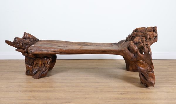 A HARDWOOD BENCH, RELIEF CARVED WITH ELEPHANTS