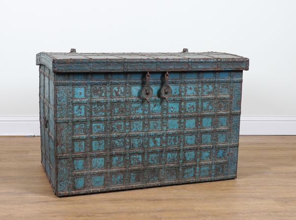 A BLUE PAINTED INDIAN IRON BOUND HARDWOOD TRUNK