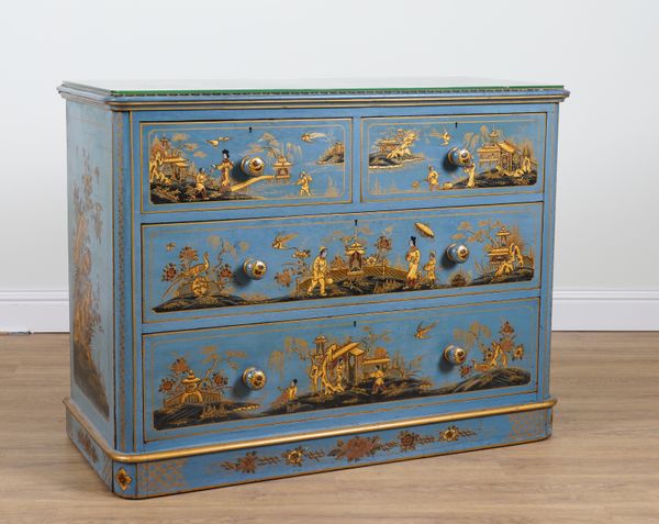 A VICTORIAN LATER BLUE CHINOISERIE DECORATED FOUR DRAWER CHEST