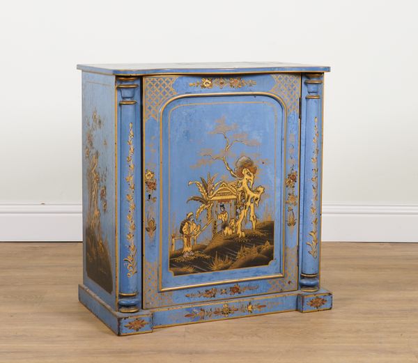 A VICTORIAN AND LATER BLUE CHINOISERIE DECORATED SERPENTINE SIDE CABINET