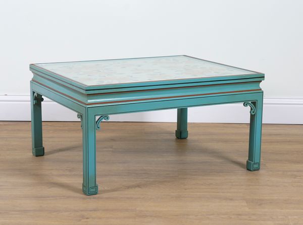 A MALLET STYLE RECTANGULAR COFFEE TABLE WITH INSET EASTERN SILK WORK PANEL