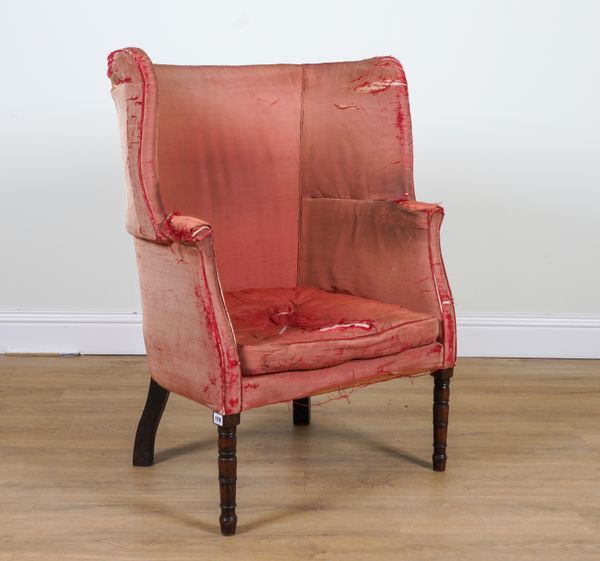 A 19TH CENTURY MAHOGANY FRAMED BARREL BACK ARMCHAIR