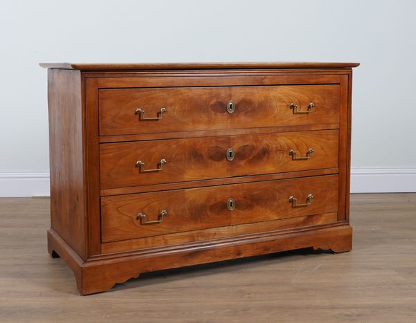 A 19TH CENTURY FRENCH FRUITWOOD THREE DRAWER COMMODE