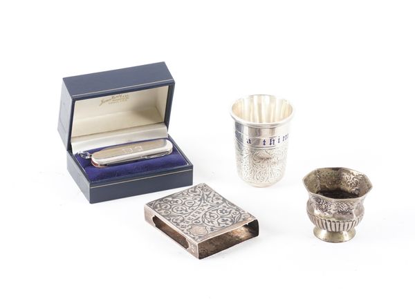 A RUSSIAN SILVER MATCH BOX COVER, A SMALL CUP, AN ENAMELLED SPIRIT TOT AND A SILVER MOUNTED PEN KNIFE (4)