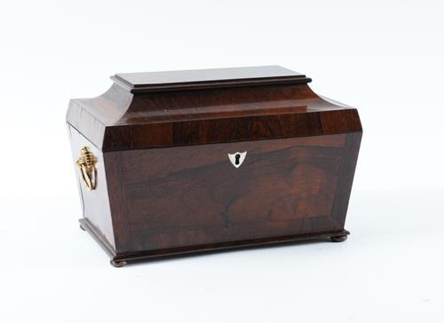 A REGENCY ROSEWOOD SARCOPHAGUS SHAPED TEA CADDY