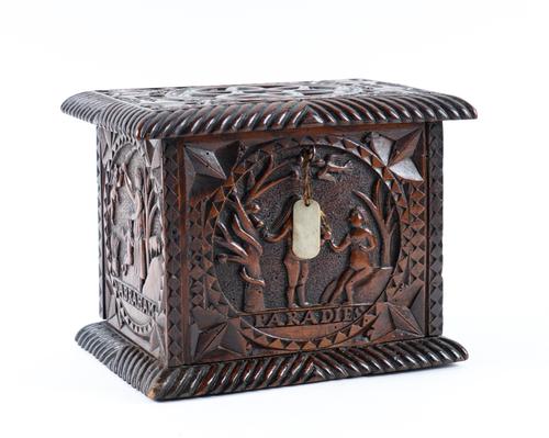 AN UNUSUAL 18TH CENTURY OAK BOX RELIEF CARVED WITH RELIGIOUS SCENES (2)