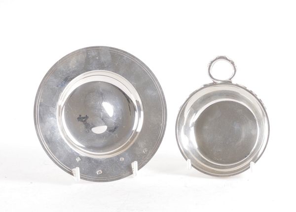 A SILVER WINE TASTING DISH AND A SILVER ARMADA STYLE DISH (2)